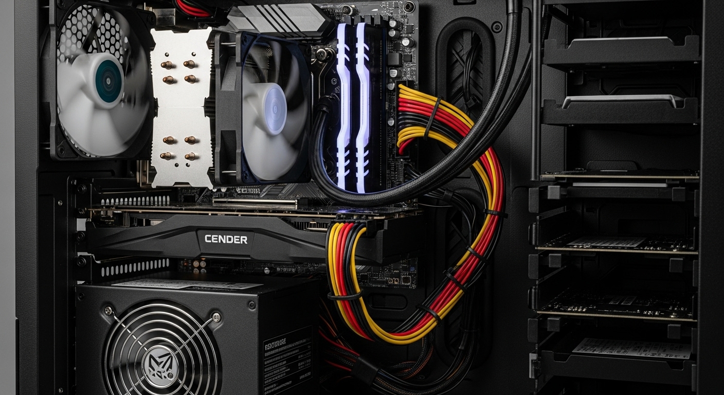 Desktop computer interior, focused on RAM and CPU, power supply unit, storage drives, connecting cables