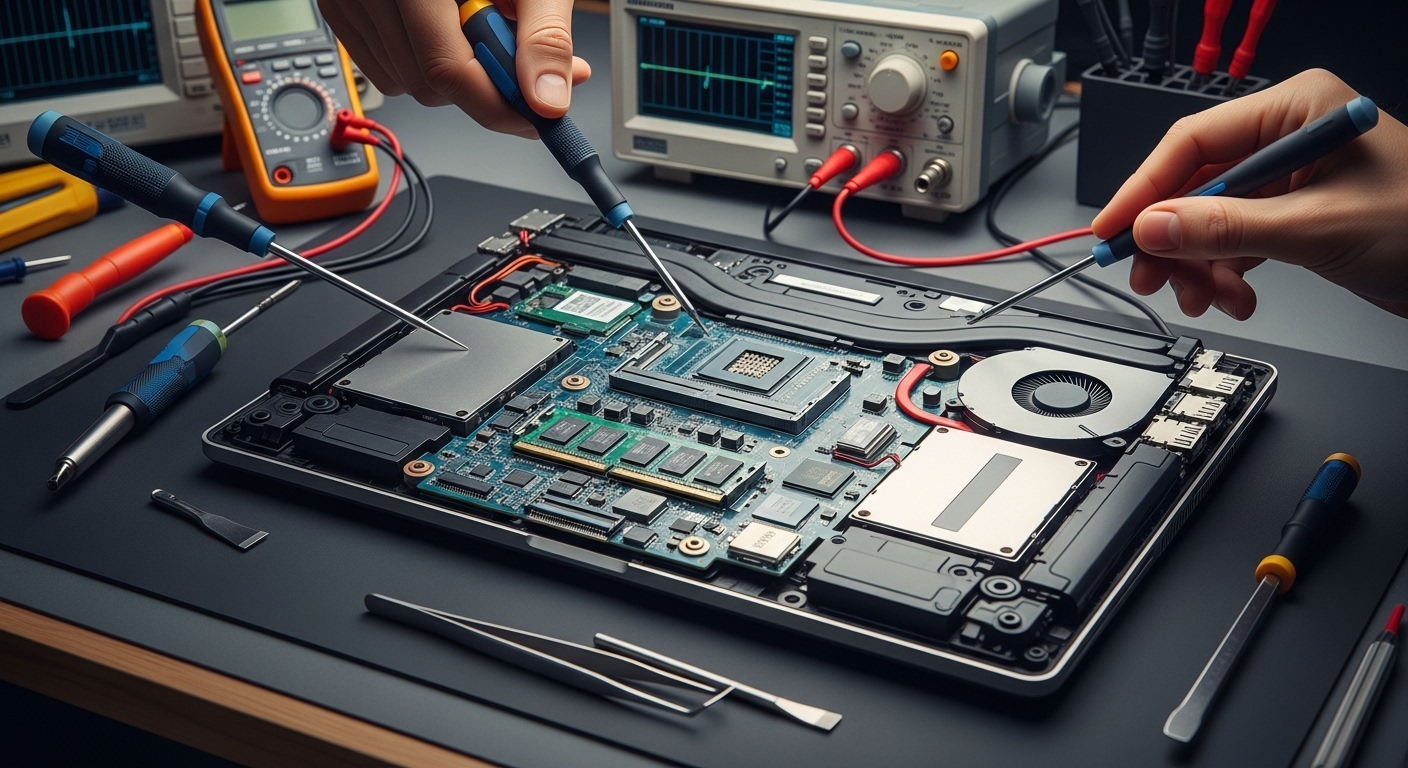 Technician repairing a laptop, focusing on the motherboard and internal components, specialized tools