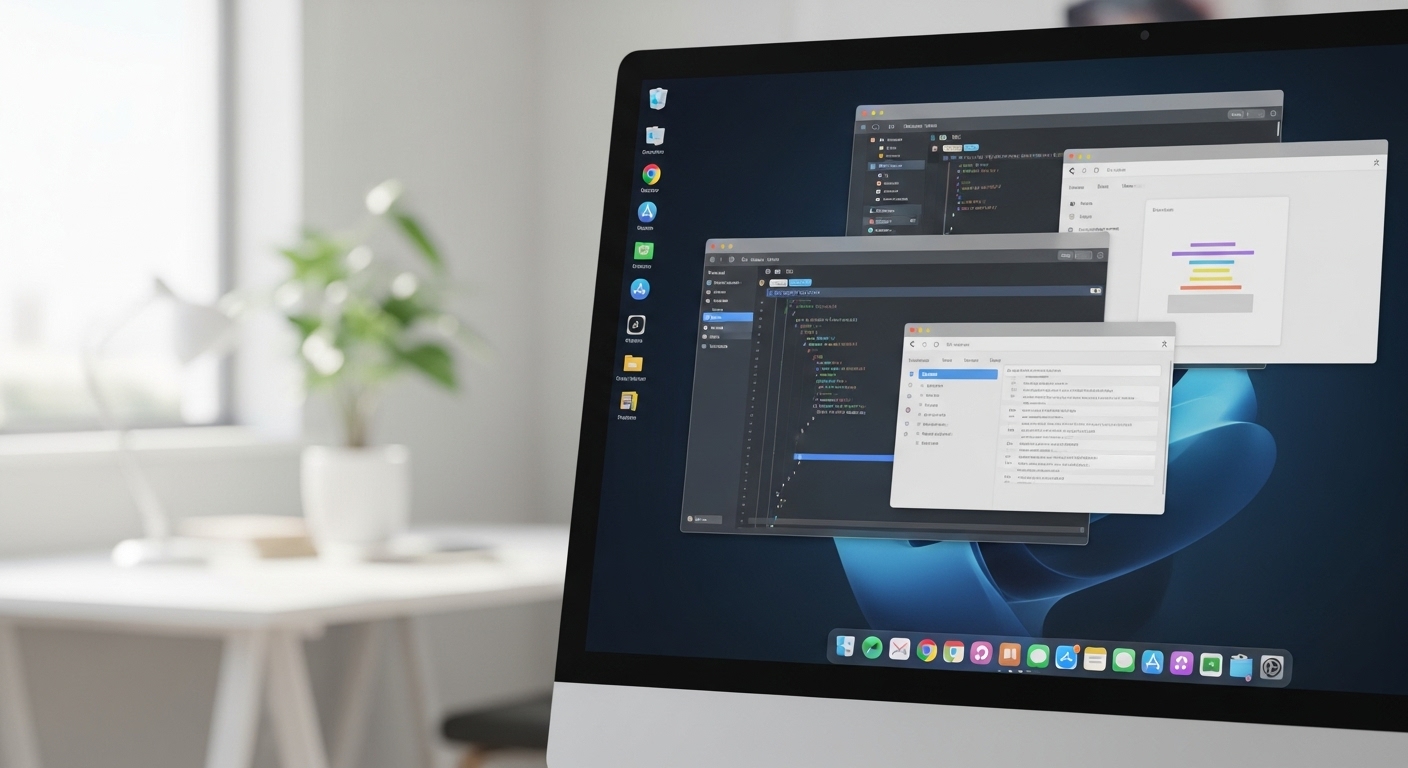 Computer monitor displaying a clean operating system interface, taskbar and icons clearly visible, software windows open